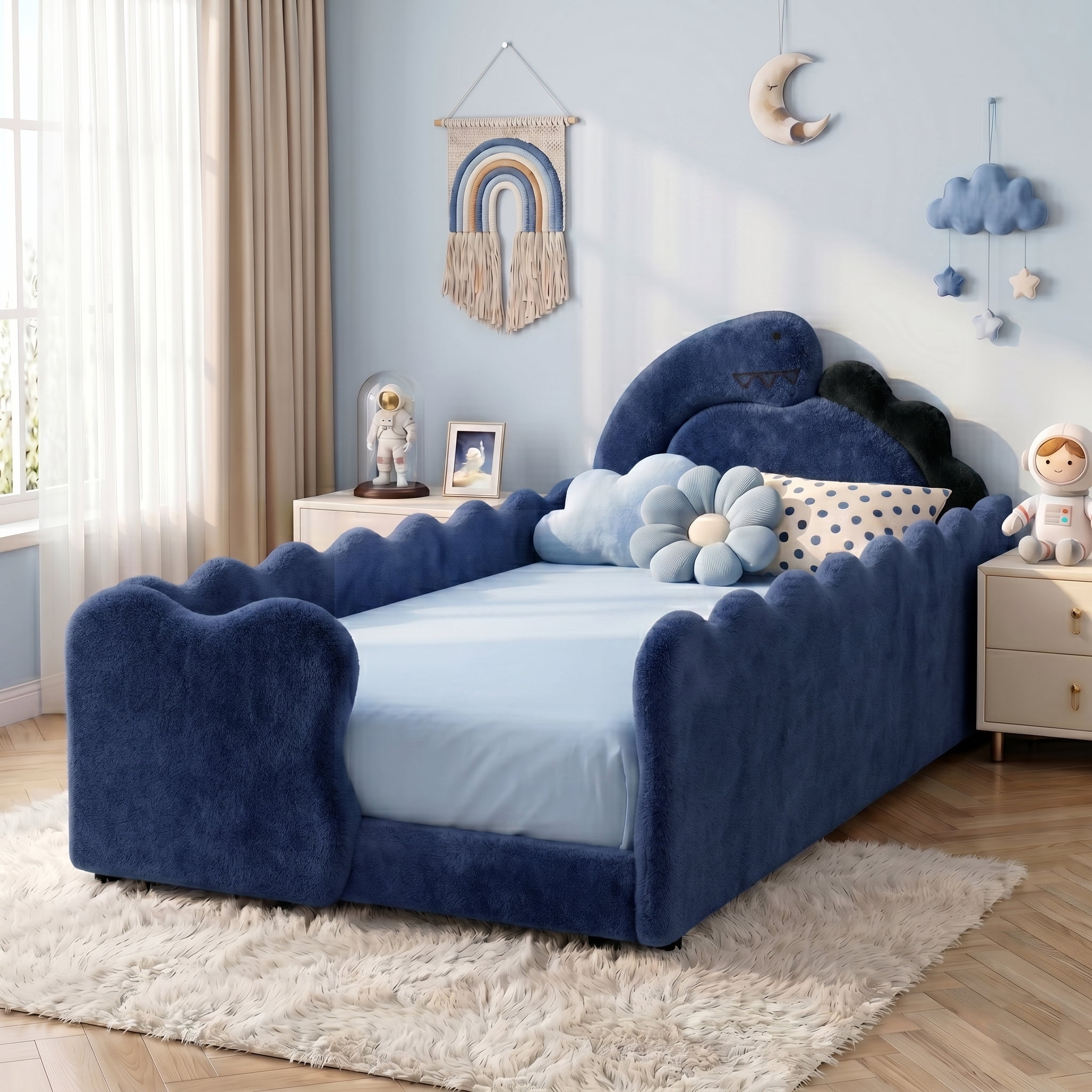 Avobird Twin Size Cute Dinosaur-Shaped Kids Bed with Safety Guardraild, Solid Wood Toddler Bed Frame for Children for Bedroom, Boucle Fabric, Navy Blue