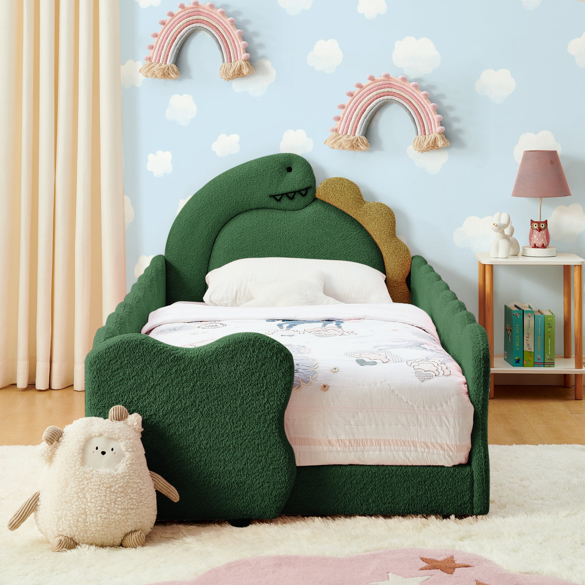 Avobird Twin Size Cute Dinosaur-Shaped Kids Bed with Safety Guardraild, Solid Wood Toddler Bed Frame for Children for Bedroom, Boucle Fabric, Blue