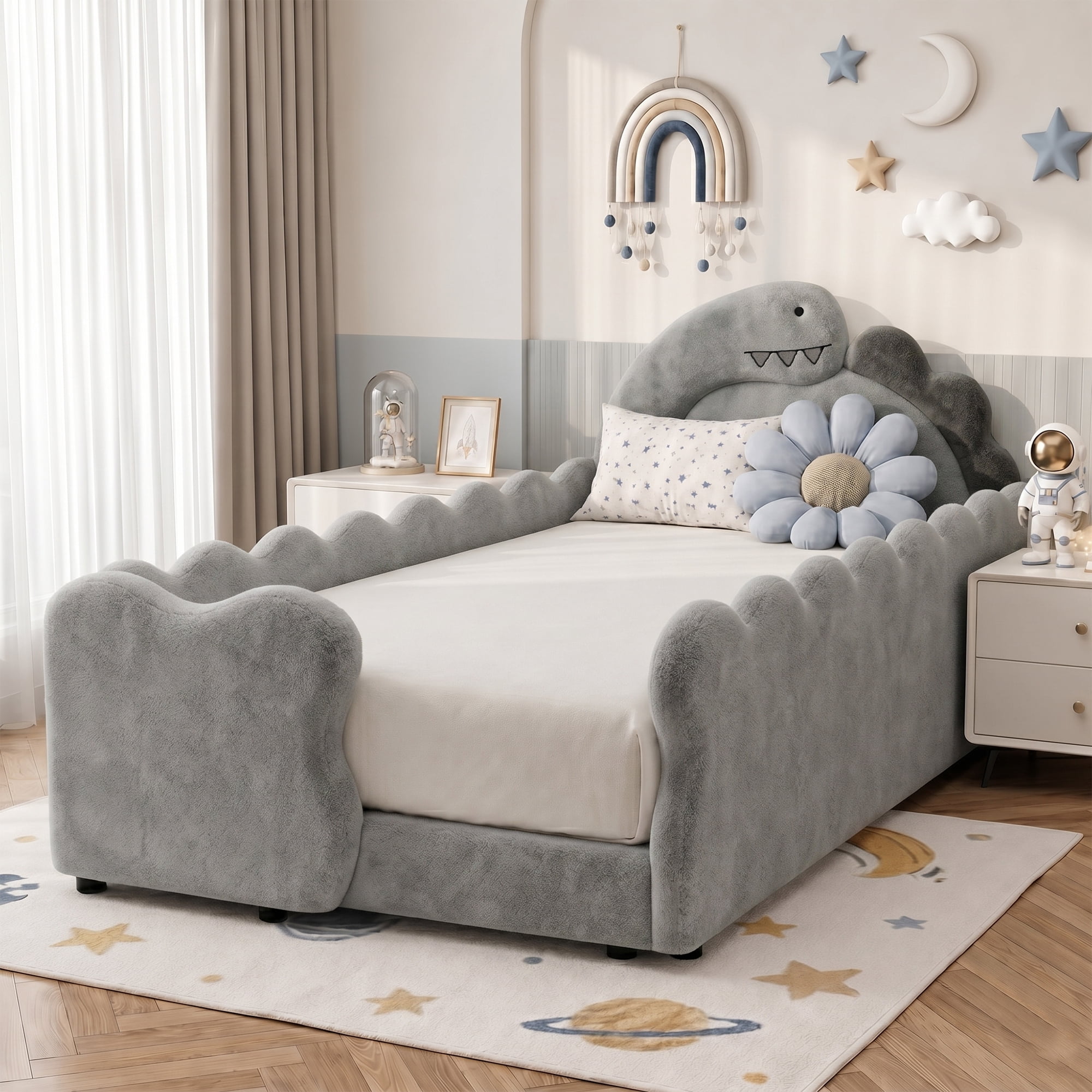 Avobird Twin Size Cute Dinosaur-Shaped Kids Bed with Safety Guardraild, Solid Wood Toddler Bed Frame for Children for Bedroom, Boucle Fabric, Gray