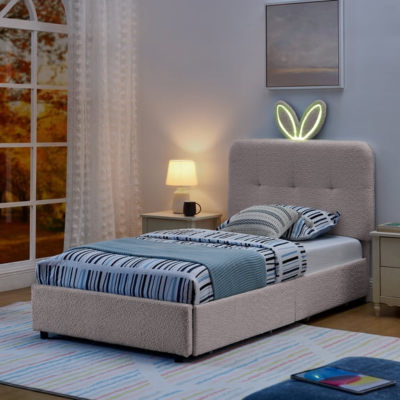 Avobird Twin Size Kids Upholstered Bed with Oversized Rabbit Ear Headboard, LED Light & 4 Storage Drawers, Boucle Fabric, Pink