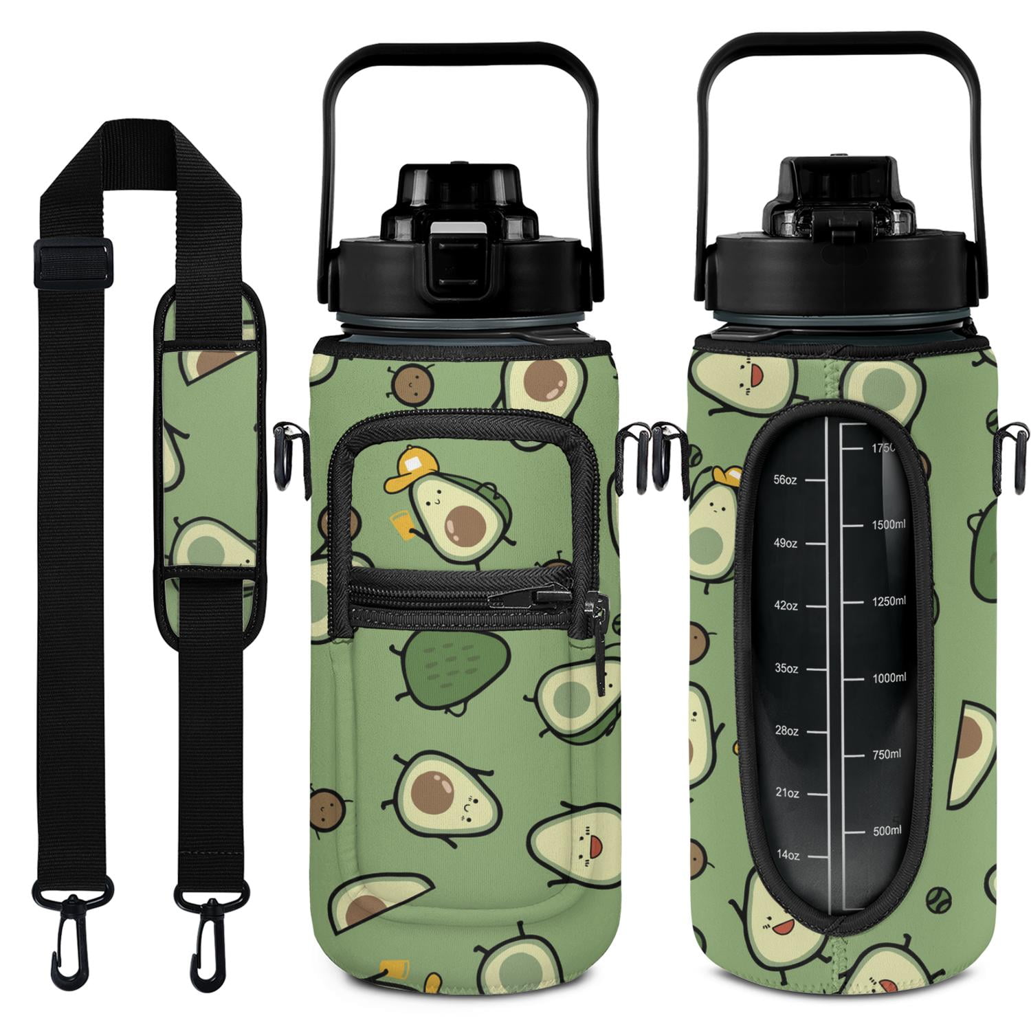Avocado 64 Oz Half Gallon Water Bottle with Sleeve - BPA Free Leakproof Sport Large Plastic Water Bottle with Straw Strap & Insulated Neoprene Holder Carrier Bag Great Gift for Women Men