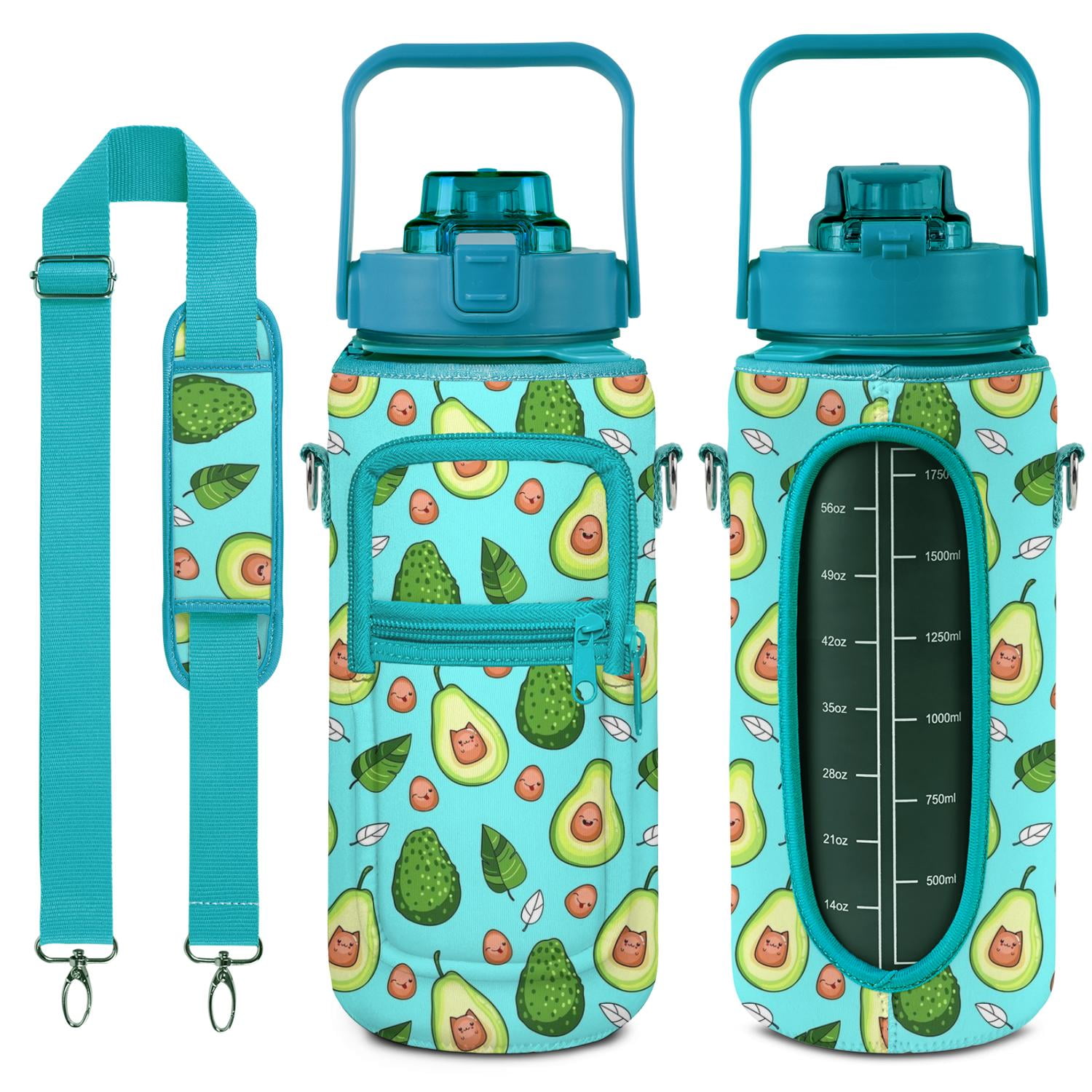 Avocado 64 Oz Half Gallon Water Bottle with Sleeve - BPA Free Leakproof Sport Large Plastic Water Bottle with Straw & Time Marker & Insulated Neoprene Holder Carrier Bag Great Gift for Women Men