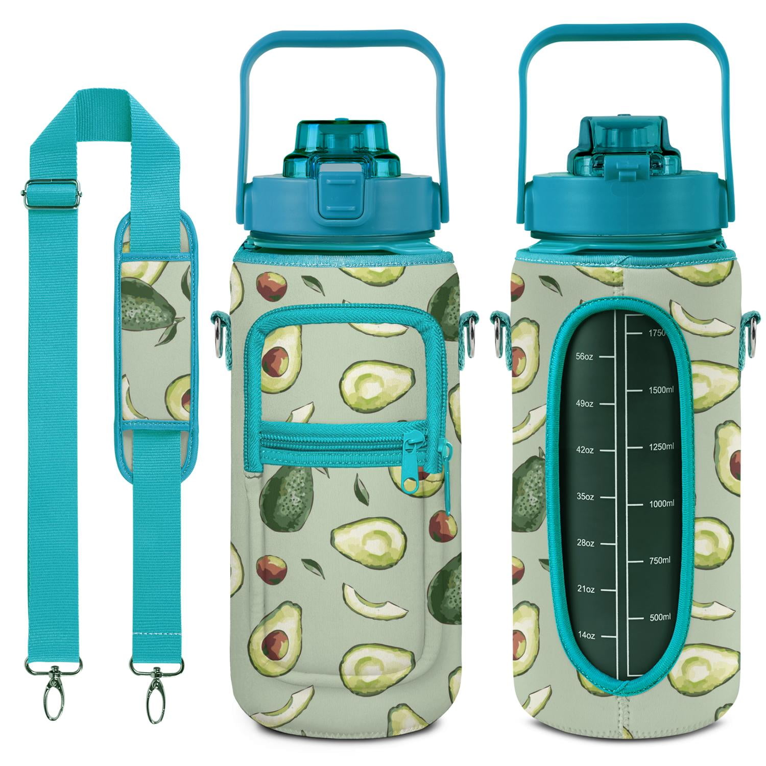 Avocado 64 Oz Water Bottle with Measurements - BPA Free Leakproof Sport Large Plastic Water Bottle with Straw Strap & Insulated Neoprene Holder Carrier Bag Great Gift for Women Men