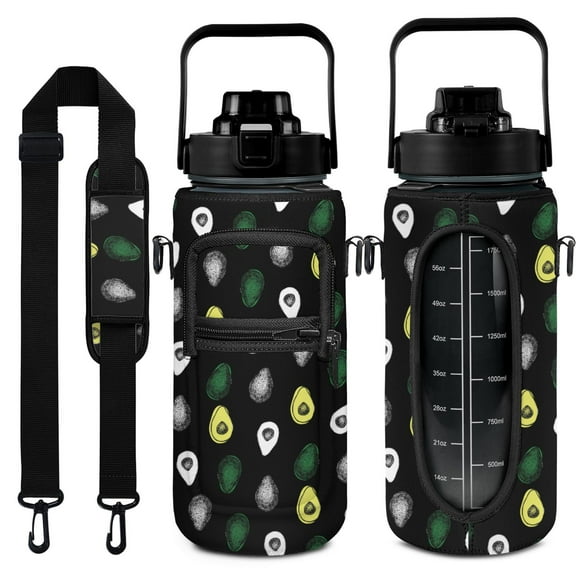 Avocado 64 Oz Water Bottle with Measurements - BPA Free Leakproof Sport Large Plastic Water Bottle with Straw & Time Marker & Insulated Neoprene Holder Carrier Bag Great Gift for Women Men