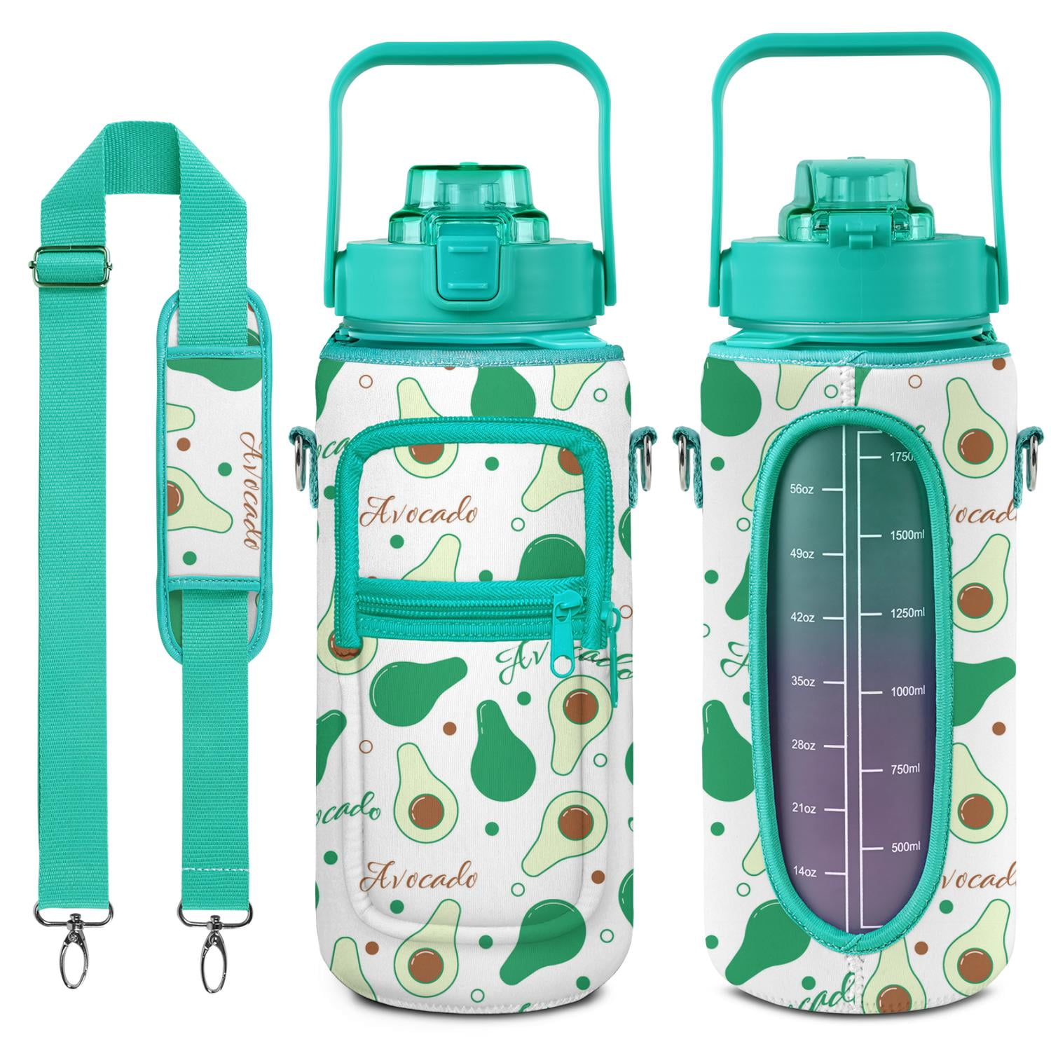 Avocado 64 Oz Water Bottle with Measurements - BPA Free Leakproof Sport Large Plastic Water Bottle with Straw & Time Marker & Insulated Neoprene Holder Carrier Bag Great Gift for Women Men