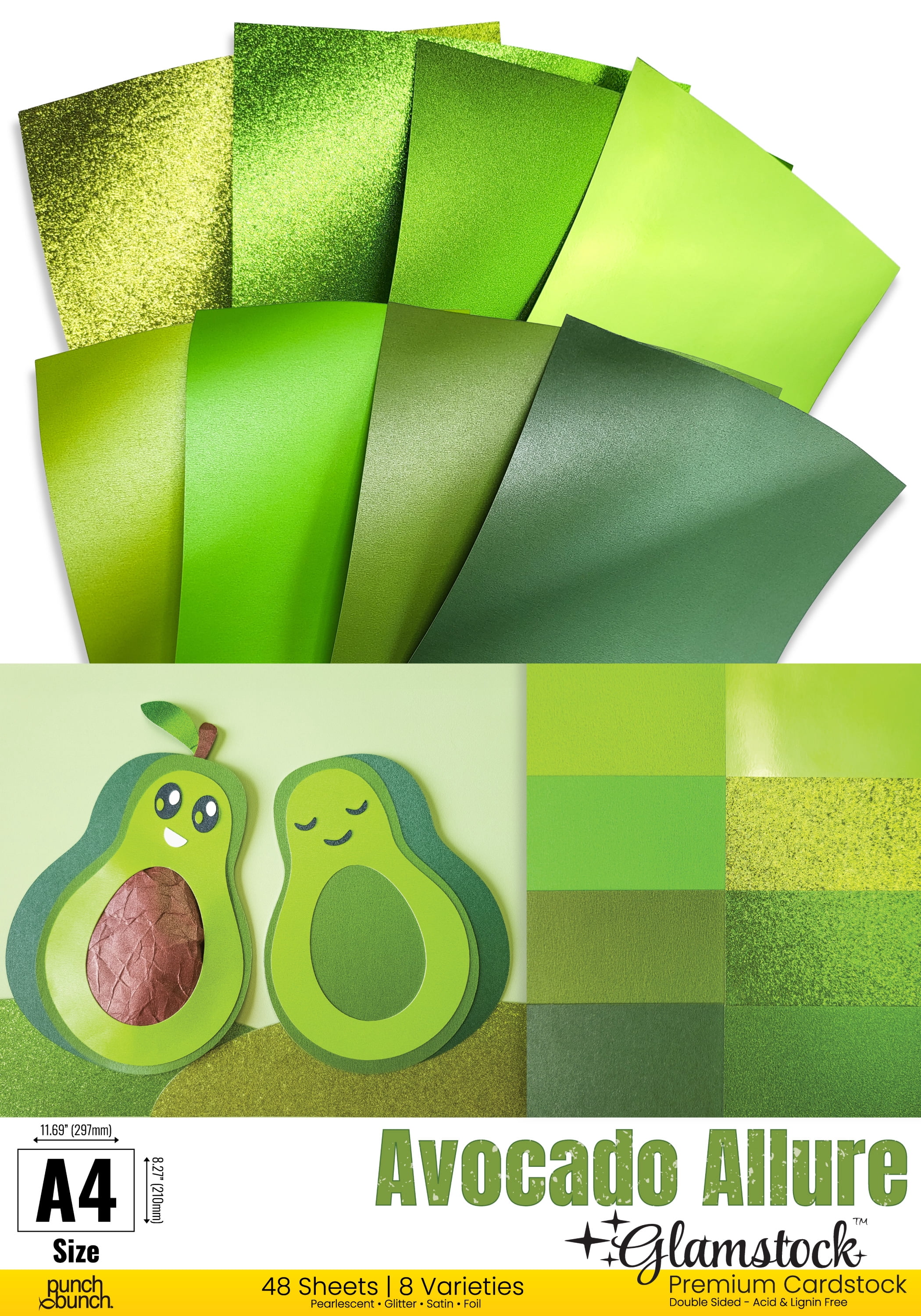 Avocado Allure Glamstock™ – Premium Green Cardstock Book featuring Pearlescent, Satin, Foil & Glitter Papers, 48 Pages, A4 Size, for Scrapbooking, Crafts & Invitations
