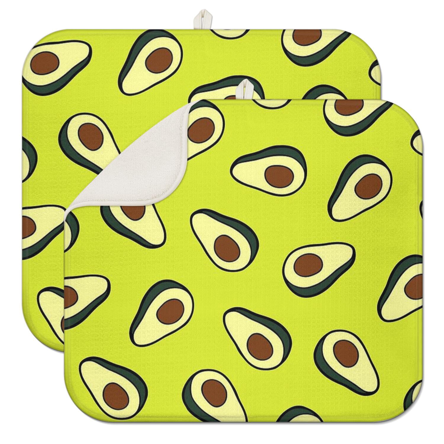 Avocado Art Kitchen Drying Mats 2 Pack - Absorbent Microfiber Dish Mat, Heat Resistant & Reusable Sink Drying Pad (Fruit Print)