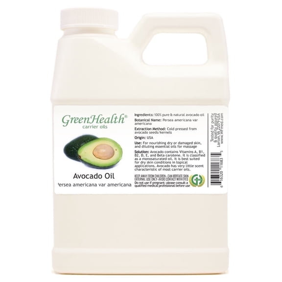 GreenHealth Avocado Carrier Oil 16 fl oz | Pure Natural Oil | White Plastic Jug with Cap | for DIY Hair Masks, Beard Oils, Soap Making