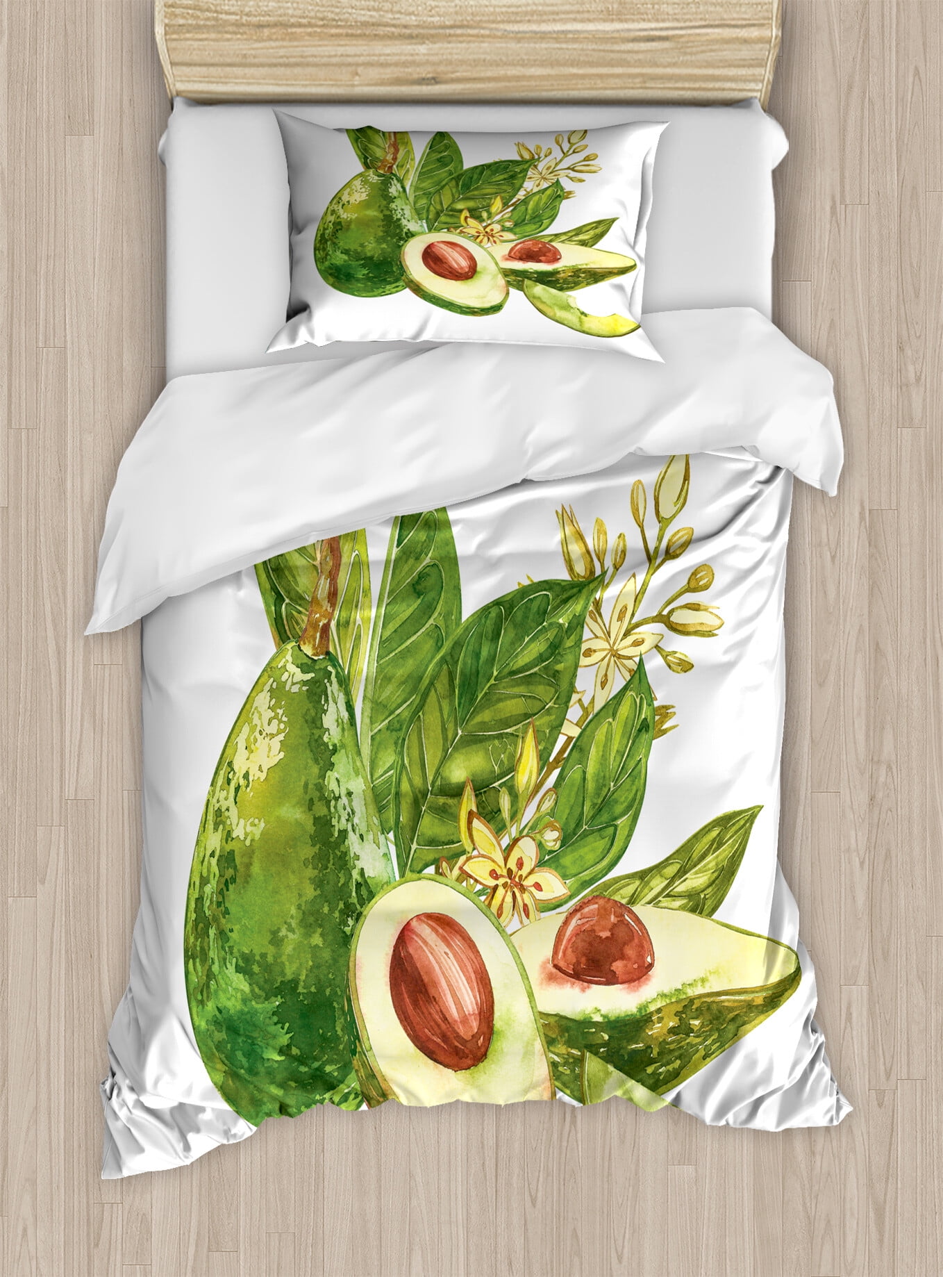 Avocado Duvet Cover Set, Watercolor Style Healthy Green Fruit ...