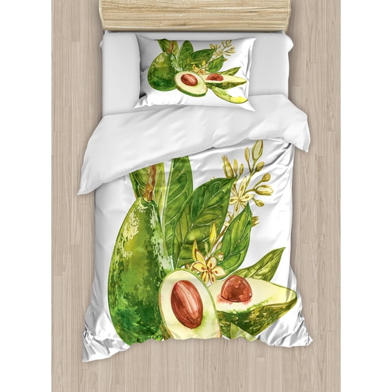 Avocado Duvet Cover Set, Watercolor Style Healthy Green Fruit, Decorative 2 Piece Bedding Set with 1 Pillow Shams, Twin Size, White Fern Green, by Ambesonne