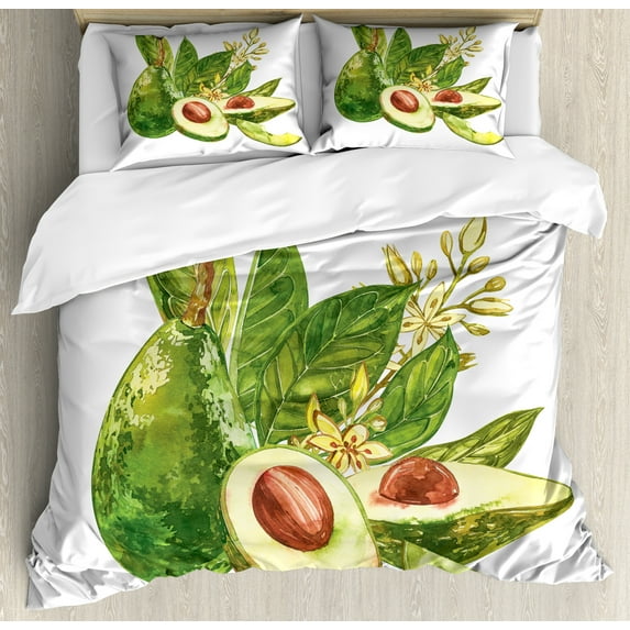 Avocado Duvet Cover Set, Watercolor Style Healthy Green Fruit, Decorative 3 Piece Bedding Set with 2 Pillow Shams, King Size, White Fern Green, by Ambesonne
