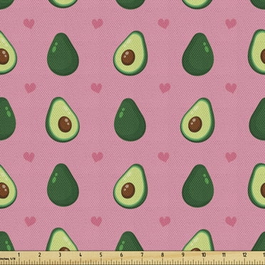 Ambesonne Avocado Fabric by the Yard Upholstery, Halved Fruit and Heart Art, 3 Yards, Pastel Pink and Emerald