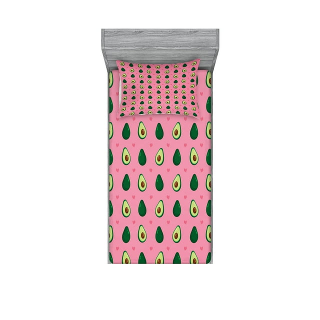 Avocado Fitted Sheet & Pillow Sham Set, Romantic Natural Food Theme Cartoon Halved Avocado with Heart Motif, Decorative Printed 4 Piece Bedding Decor Set, Twin, Pastel Pink and Emerald, by Ambesonne