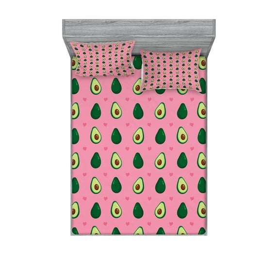 Avocado Fitted Sheet & Pillow Sham Set, Romantic Natural Food Theme Cartoon Halved Avocado with Heart Motif, Decorative Printed 6 Piece Bedding Decor Set, Queen, Pastel Pink and Emerald, by Ambesonne