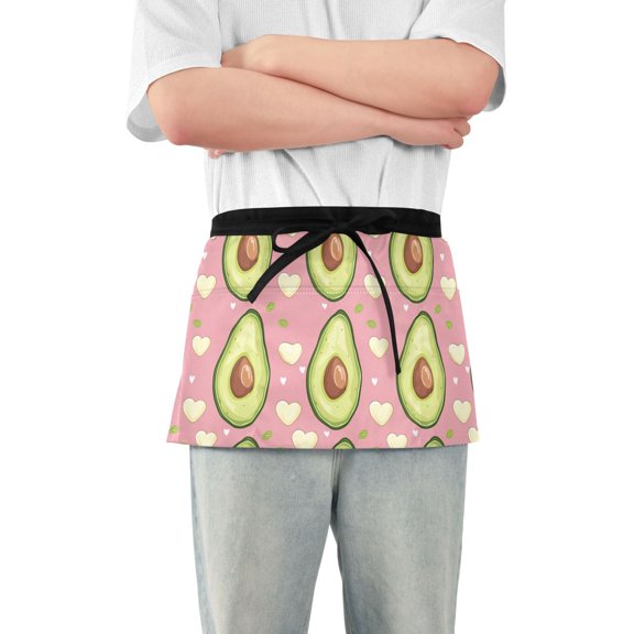Avocado Fruits and Heart Server Apron with 3 Pockets Waterproof Waitress Waist Short Apron for Man Woman 12 Inches