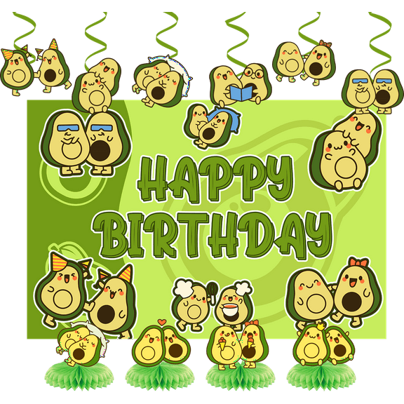 Avocado Garden Birthday Decor Set - 100x150cm Backdrop, 4 Honeycombs & 6 Spirals for Brunch Parties