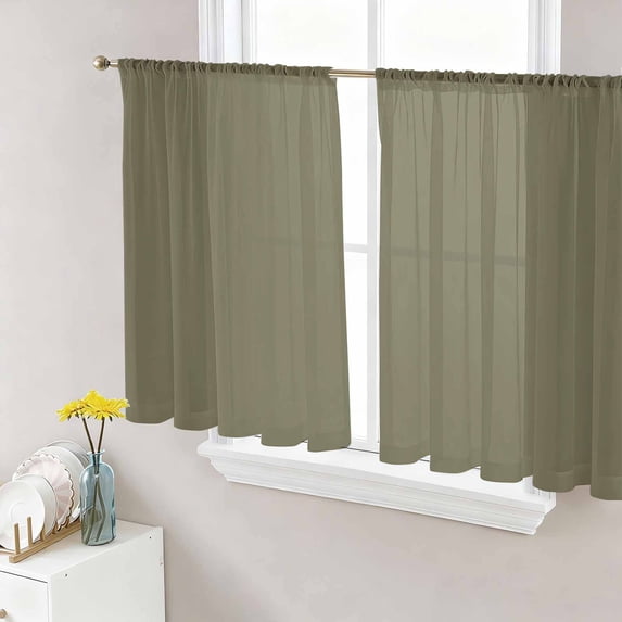 Avocado Green Brown Sheer Curtains 54 Inch Length 2 Panels Set, Solid Color Farmhouse Brown Voile Window Treatment Rod Pocket Short Kitchen Curtains Drapes for Bedroom 52"x54"x2