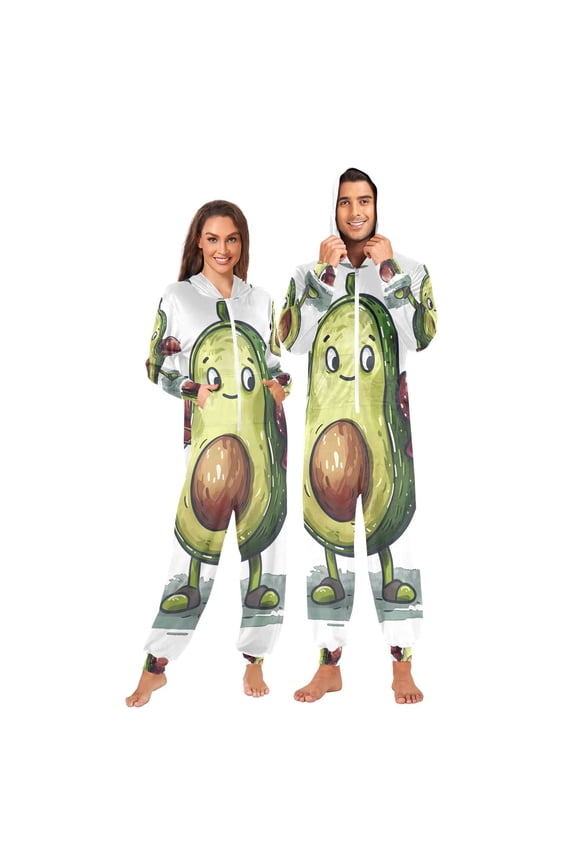 Avocado Mascot Adult Onesie Pajamas Slim Fit Christmas One Piece Suit Pjs for Women and Men Hooded Zipper