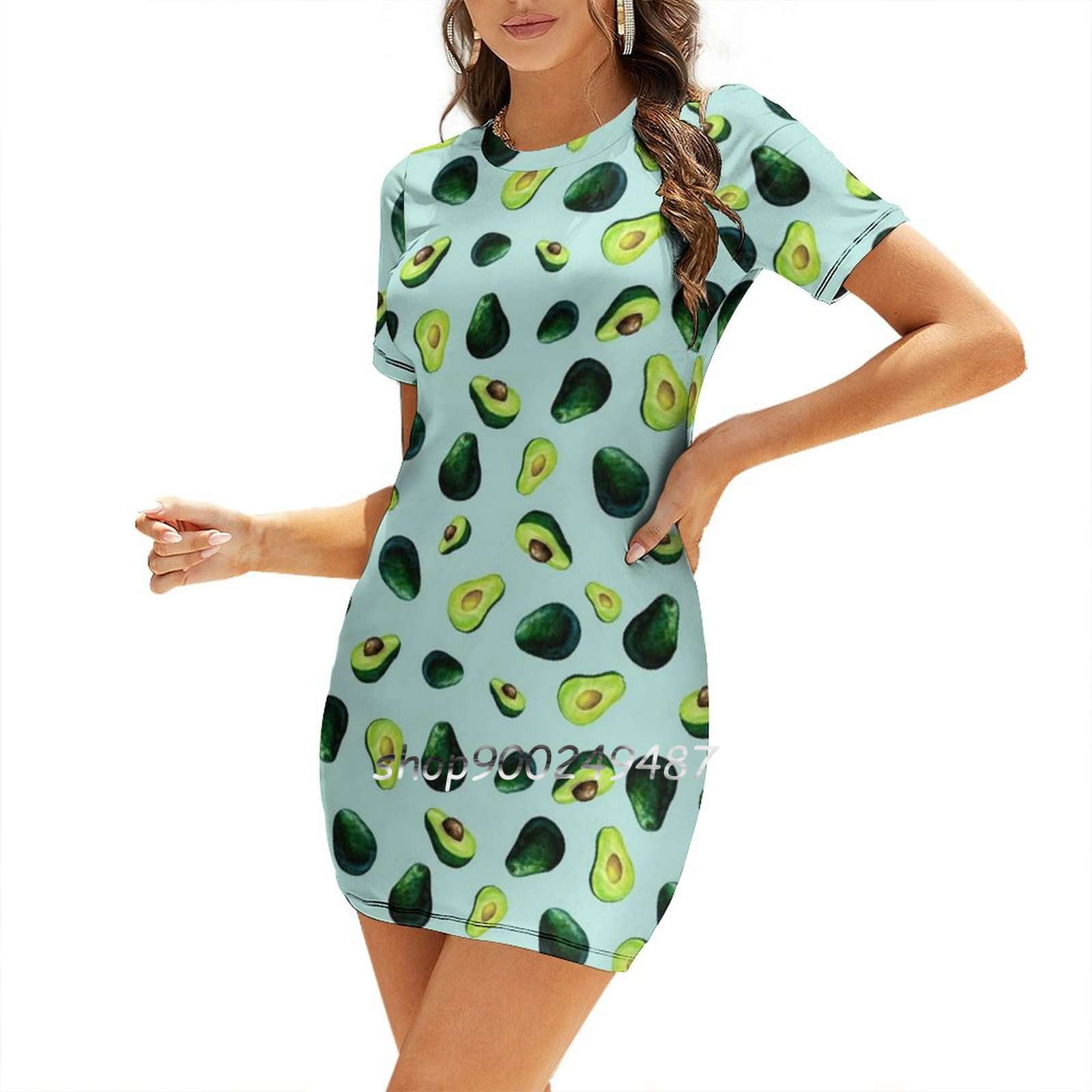 Avocado Pattern Square Neck Dress Cute Loose Print Dresses Elegant Beach Party Dress Pattern Avocado Avocados Plant Pop Green