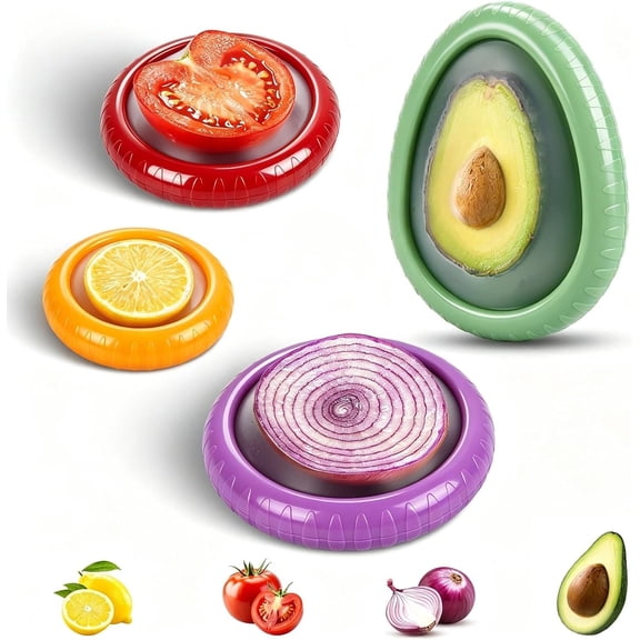 Avocado Saver Set of 4 Stretch Silicone & Plastic Food Storage Pods, Reusable Leak-Proof Produce Containers for Fridge, Keep Onion Lemon Tomato Vegetable Fresh