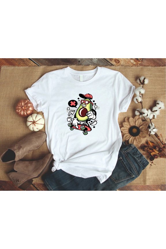 Avocado Skateboarding Cartoon Character Unisex T-Shirt in Various Colors