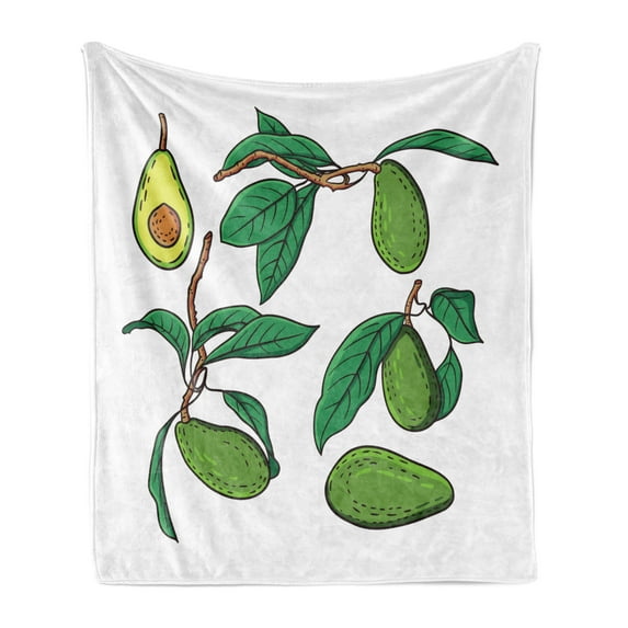 Avocado Soft Flannel Fleece Blanket, Hand-Drawn Tropical Nature Themed Exotic Fruits Hanging on Tree Branches Print, Cozy Plush for Indoor and Outdoor Use, 50" x 70", Green and Brown, by Ambesonne