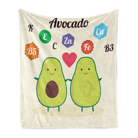 Avocado Soft Flannel Fleece Blanket, Illustration with Funny Characters and Healthy Food Vitamins Contained in Avocado, Cozy Plush for Indoor and Outdoor Use, 70" x 90", Multicolor, by Ambesonne