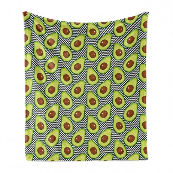 Avocado Soft Flannel Fleece Blanket, Pattern with Delicious Vegan Elements on Monochrome Zigzag Background Print, Cozy Plush for Indoor and Outdoor Use, 50" x 70", Black Brown Green, by Ambesonne