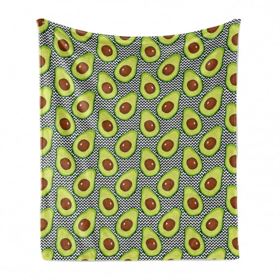 Avocado Soft Flannel Fleece Blanket, Pattern with Delicious Vegan Elements on Monochrome Zigzag Background Print, Cozy Plush for Indoor and Outdoor Use, 50" x 70", Black Brown Green, by Ambesonne