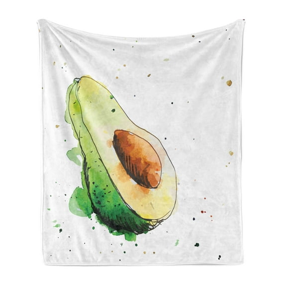 Avocado Soft Flannel Fleece Blanket, Simplistic Watercolor Art Effect Doodle Slice Tasty Gourmet Vegetable, Cozy Plush for Indoor and Outdoor Use, 60" x 80", Pale Green Brown Green, by Ambesonne