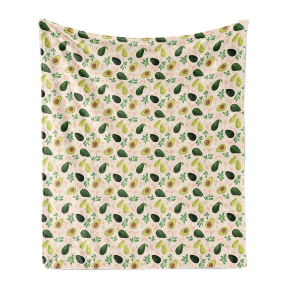 Avocado Soft Flannel Fleece Throw Blanket, Concept of Whole Fruit and Slices with Flowers and Leaves, Cozy Plush for Indoor and Outdoor Use, 50" x 60", Champagne and Multicolor, by Ambesonne