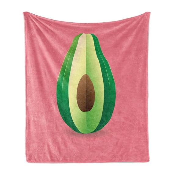 Avocado Soft Flannel Fleece Throw Blanket, Cut out Slice of Fresh and Healthy Avocado with Vibrant Summer Colors, Cozy Plush for Indoor and Outdoor Use, 60" x 80", Pale Pink Green Brown, by Ambesonne