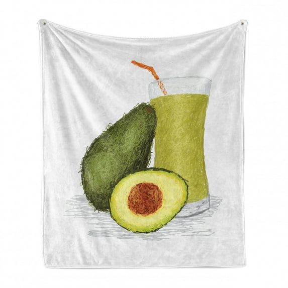 Avocado Soft Flannel Fleece Throw Blanket, Doodle Style Composition of Ripe Avocado Slices with Smoothie, Cozy Plush for Indoor and Outdoor Use, 70" x 90", Orange Green Pale Green, by Ambesonne