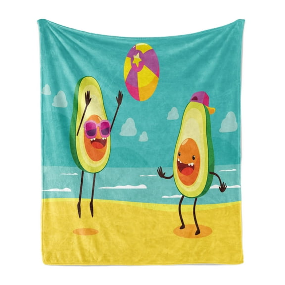 Avocado Soft Flannel Fleece Throw Blanket, Illustration of 2 Avocados Playing Volleyball at the Beach Happy Summer Theme, Cozy Plush for Indoor and Outdoor Use, 70" x 90", Multicolor, by Ambesonne