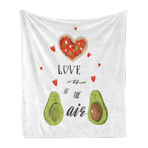 Avocado Soft Flannel Fleece Throw Blanket, Valentines Day Themed Cartoon Avocado Couple in Love with Graphic Heart Shapes, Cozy Plush for Indoor and Outdoor Use, 70" x 90", Multicolor, by Ambesonne