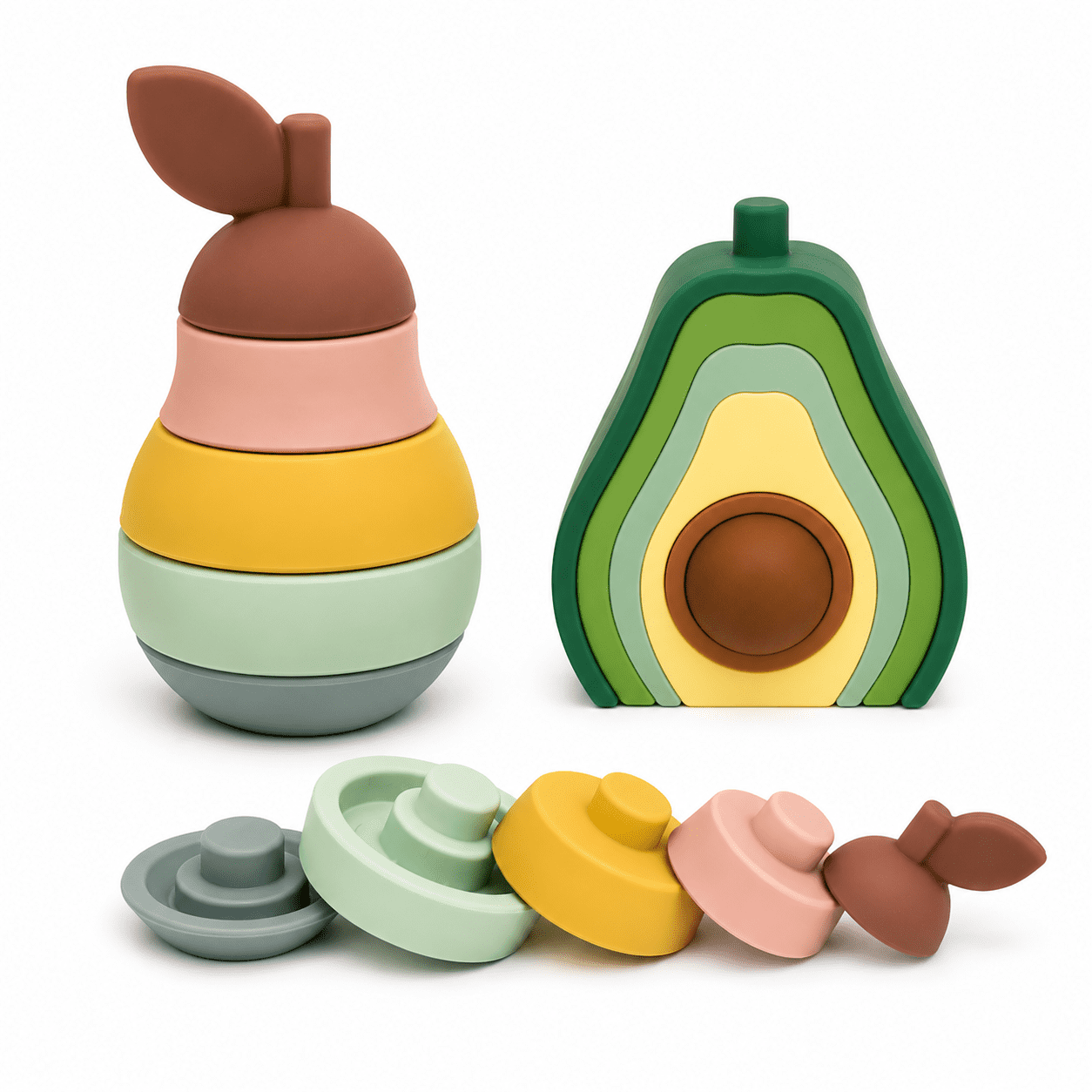 Avocado Stacker 6PC Toddler Toys, Baby Stacking Toys, Montessori Toys, Silicone Nesting Puzzle Blocks for Early Childhood Education, Army Green Series (Avocado/Pear), 6PCs