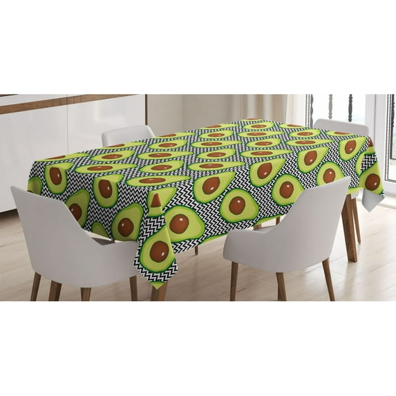 Avocado Tablecloth, Pattern with Delicious Vegan Elements on Monochrome Zigzag Background Print, Rectangle Satin Table Cover for Dining Room and Kitchen, 60" X 84", Black Brown Green, by Ambesonne