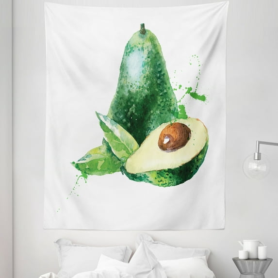 Avocado Tapestry, Aquarelle Autumn Theme with Pastel Colors for Exotic Food and Drops Image, Fabric Wall Hanging Decor for Bedroom Living Room Dorm, 5 Sizes, Brown and Emerald, by Ambesonne