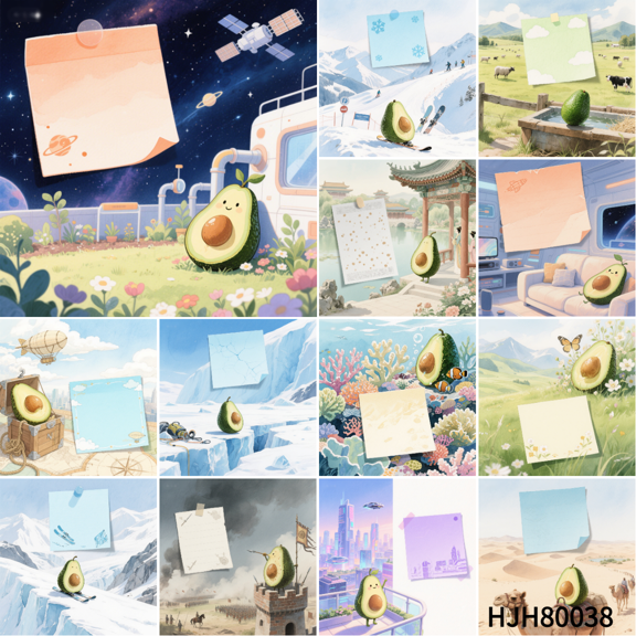 Avocado Theme 3.54x3.54 Inch Mini Notes - 100 Pcs Sticky Card Set with 100 Round Double-Sided Adhesives, Delicate & Heartfelt Small Cards for Any Occasion