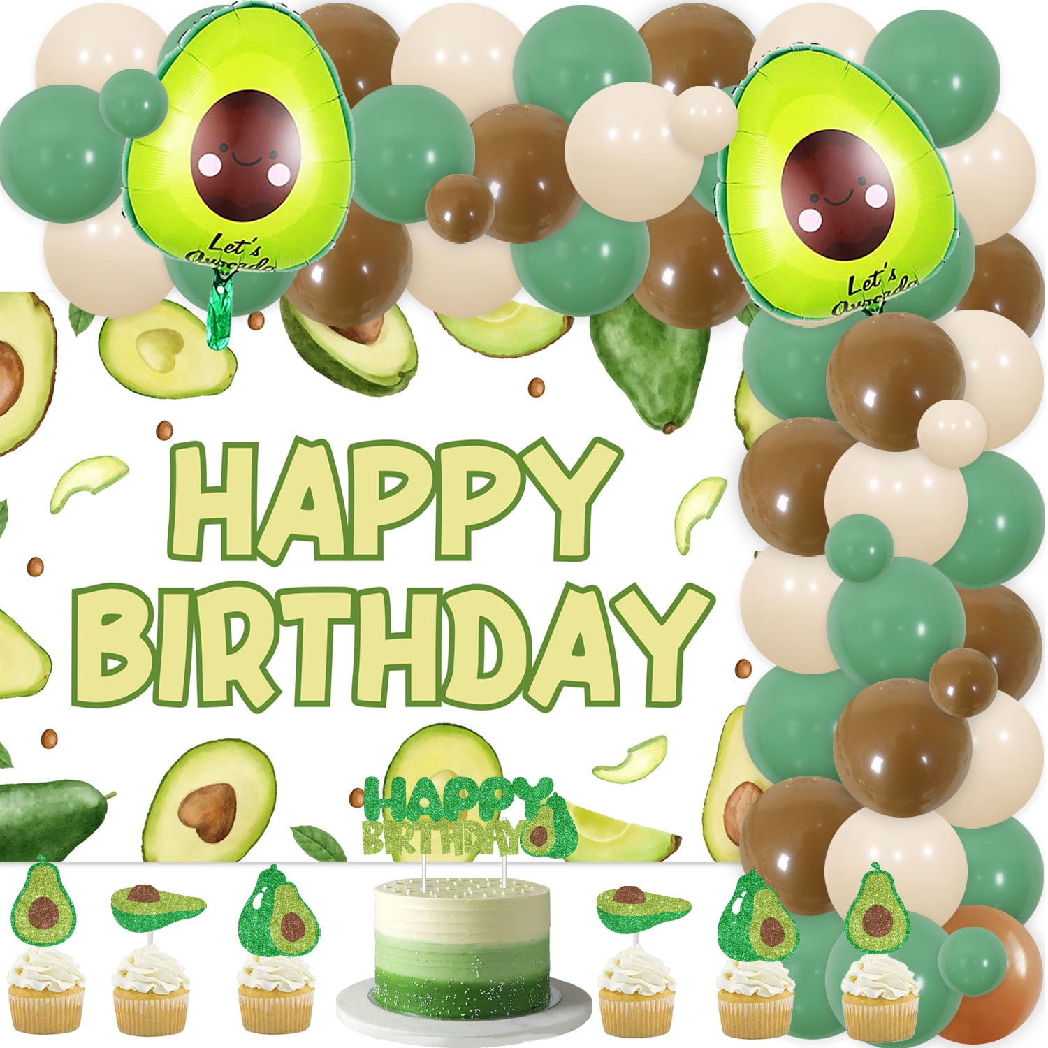 Avocado Themed Birthday Decorations Avocado Green Brown Balloon Garland Arch Kit With Avocado Happy Birthday Backdrop, Let's Go Avocado Foil Balloon, Avocado Cake Topper For Boys Girls Party Supplies