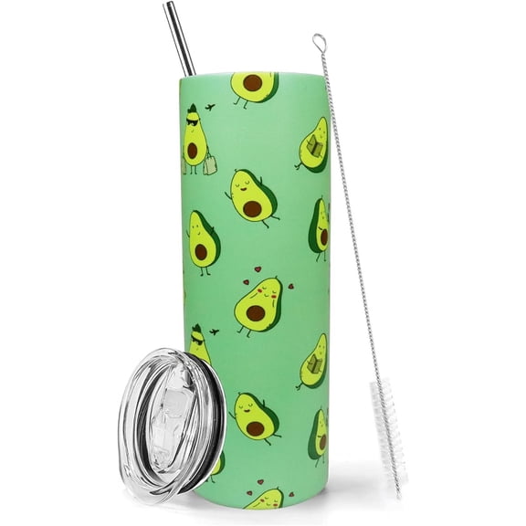 Avocado Tumbler With Lid and Straw 20 oz Insulated Avocado Skinny Tumbler Stainless Steel Water Bottle Travel Mug Coffee Wine Cups Cat Tumblers for Avocado Lovers Gifts for Women