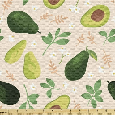 Ambesonne Avocado Fabric by the Yard Upholstery, Whole Sliced Fruit, 2 Yards, Champagne and Multicolor