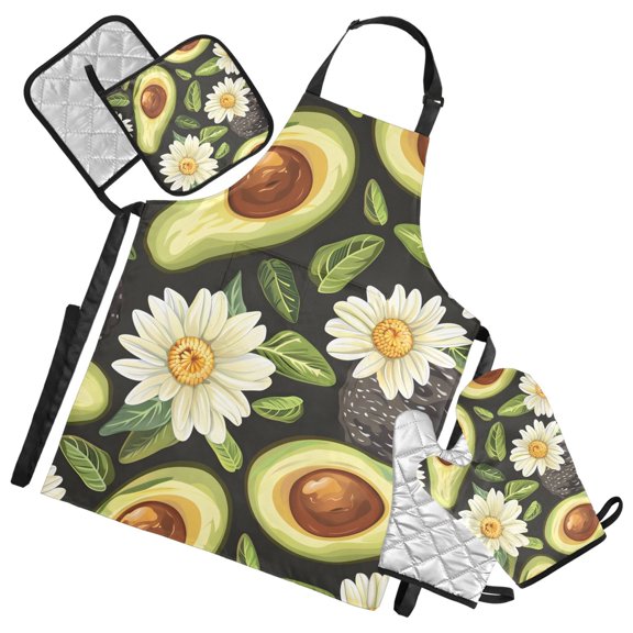 Avocado and Daisy 5 Pcs Kitchen Set Heat Resistant Oven Mitts and Non-Slip Pot Holders with Adjustable Cooking Apron