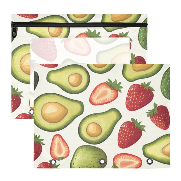 Avocados Strawberries Hand Drawn 3-Ring Binder Pouches A4 Size Zipper Pocket File Storage 2 Packs