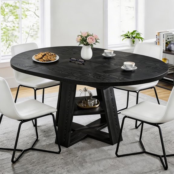 Avocahom 43.3-59 Inches Extendable Round Dining Table for 4-8, Oval Kitchen Dining Table Wood Base with Space Storage for Dining Room Kitchen Apartment