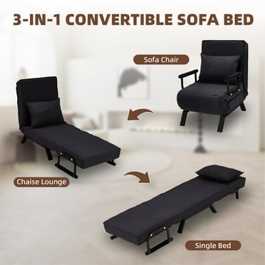 Avocahom Convertible Sofa Bed Sleeper Chair,6 Angles Adjustable Backrest, Single Person Chaise Lounge Couch w/ Pillow, Folding Bed for Overnight Guests, Foldable Sofa Arm Chair for Office, Black