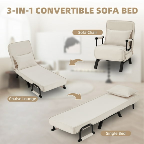 Avocahom Convertible Sofa Bed Sleeper Chair,6 Angles Adjustable Backrest, Single Person Chaise Lounge Couch w/ Pillow, Folding Bed for Overnight Guests, Foldable Sofa Arm Chair for Office, Beige