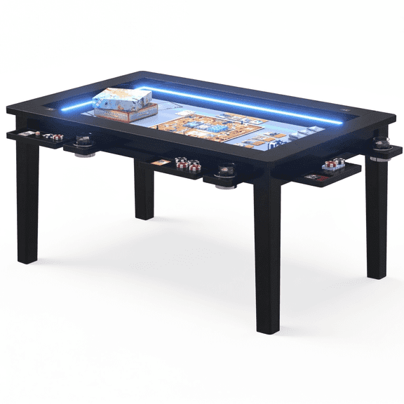 Avocahom Coperat Solid Wood Board Game Table with LED Lights for 4-6 Players, 54" x 31" Play Area Multi-Function Dining Table with Game Mat-Black