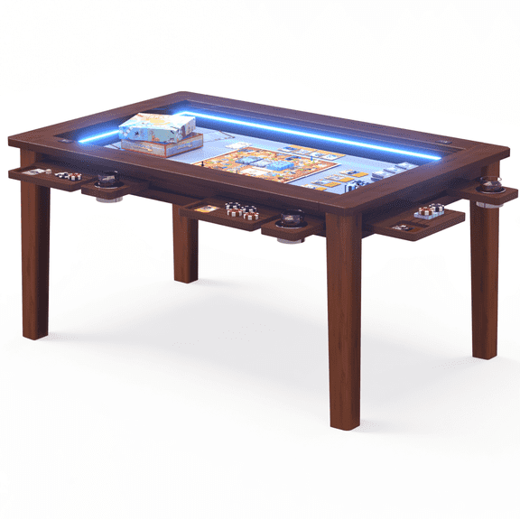 Avocahom Coperat Solid Wood Board Game Table with LED Lights for 4-6 Players, 54" x 31" Play Area Multi-Function Dining Table with Game Mat-Walnut