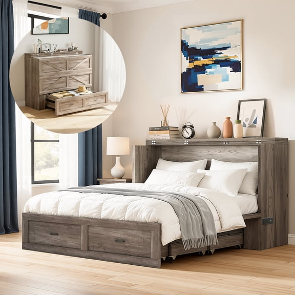 Avocahom Full Size Murphy Bed with Charging Station and Foldable Panel, Wall Bed Cabinet with Storage Shelves for Small Spaces, Bedroom, Home Office, Apartment, Modern Grey